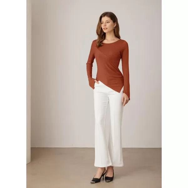 GRACE KARIN 2024 Womens Elegant Asymmetric Textured Tops Long Sleeve Boat Neck Shirts BlouseRust Red