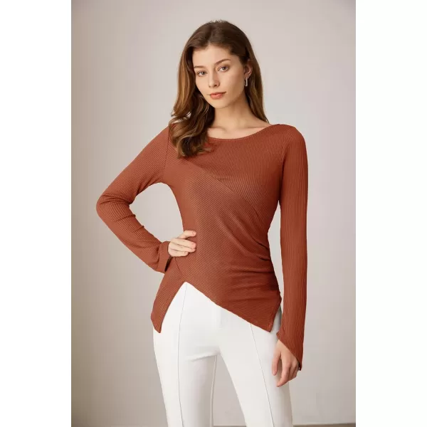 GRACE KARIN 2024 Womens Elegant Asymmetric Textured Tops Long Sleeve Boat Neck Shirts BlouseRust Red