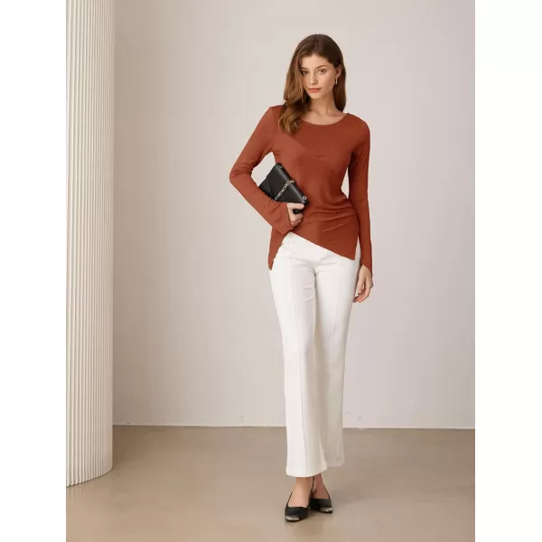 GRACE KARIN 2024 Womens Elegant Asymmetric Textured Tops Long Sleeve Boat Neck Shirts BlouseRust Red
