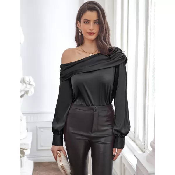 GRACE KARIN Women Satin Blouses 2024 Long Sleeve Off The Shoulder Blouse Elegant Evening Party TopsAa Black