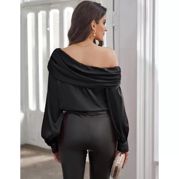 GRACE KARIN Women Satin Blouses 2024 Long Sleeve Off The Shoulder Blouse Elegant Evening Party TopsAa Black