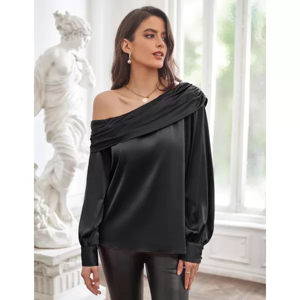 GRACE KARIN Women Satin Blouses 2024 Long Sleeve Off The Shoulder Blouse Elegant Evening Party TopsAa Black