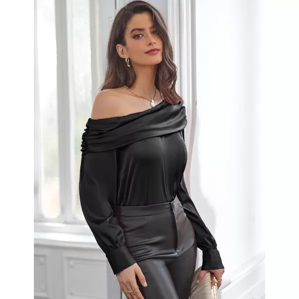 GRACE KARIN Women Satin Blouses 2024 Long Sleeve Off The Shoulder Blouse Elegant Evening Party TopsBlack