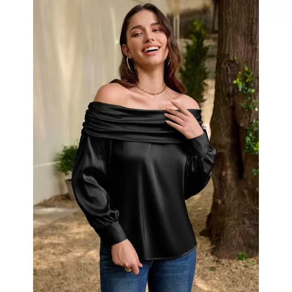 GRACE KARIN Women Satin Blouses 2024 Long Sleeve Off The Shoulder Blouse Elegant Evening Party TopsBlack