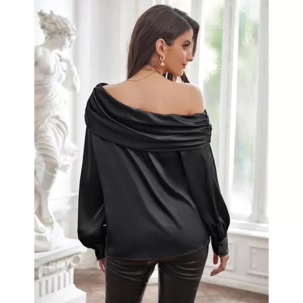 GRACE KARIN Women Satin Blouses 2024 Long Sleeve Off The Shoulder Blouse Elegant Evening Party TopsBlack