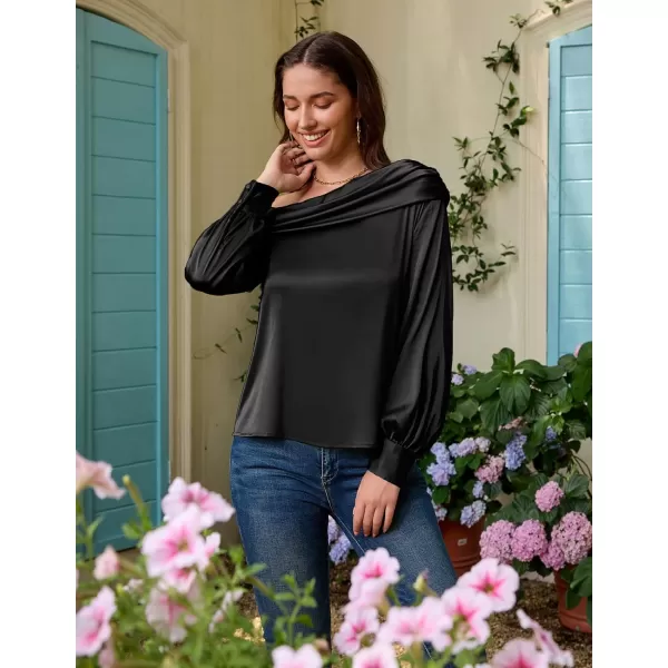 GRACE KARIN Women Satin Blouses 2024 Long Sleeve Off The Shoulder Blouse Elegant Evening Party TopsBlack