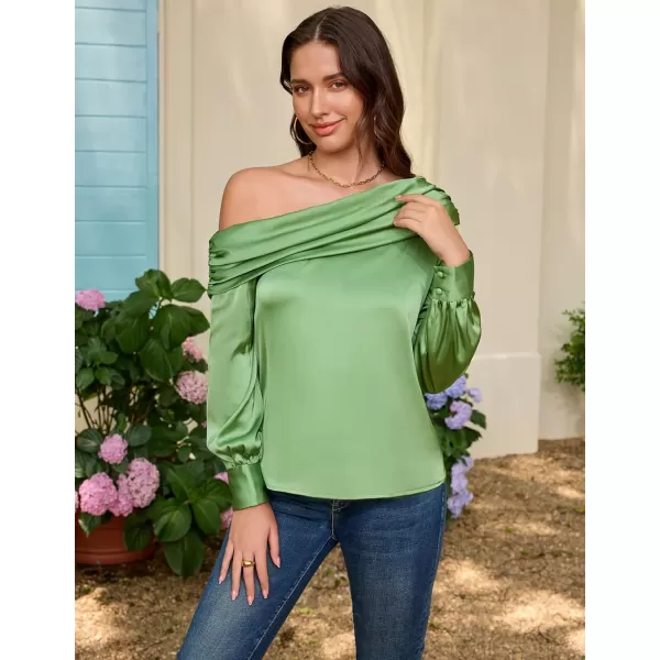 GRACE KARIN Women Satin Blouses 2024 Long Sleeve Off The Shoulder Blouse Elegant Evening Party TopsLight Green