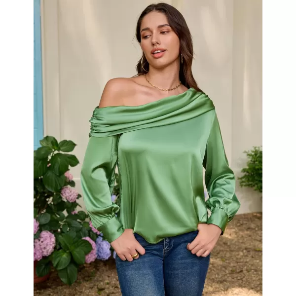 GRACE KARIN Women Satin Blouses 2024 Long Sleeve Off The Shoulder Blouse Elegant Evening Party TopsLight Green