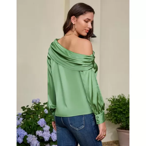 GRACE KARIN Women Satin Blouses 2024 Long Sleeve Off The Shoulder Blouse Elegant Evening Party TopsLight Green