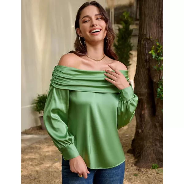 GRACE KARIN Women Satin Blouses 2024 Long Sleeve Off The Shoulder Blouse Elegant Evening Party TopsLight Green