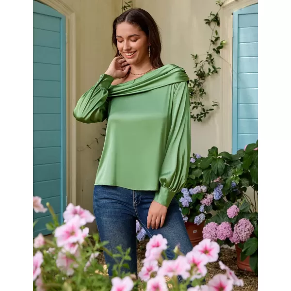 GRACE KARIN Women Satin Blouses 2024 Long Sleeve Off The Shoulder Blouse Elegant Evening Party TopsLight Green