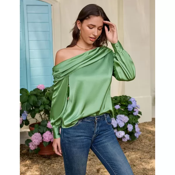 GRACE KARIN Women Satin Blouses 2024 Long Sleeve Off The Shoulder Blouse Elegant Evening Party TopsLight Green