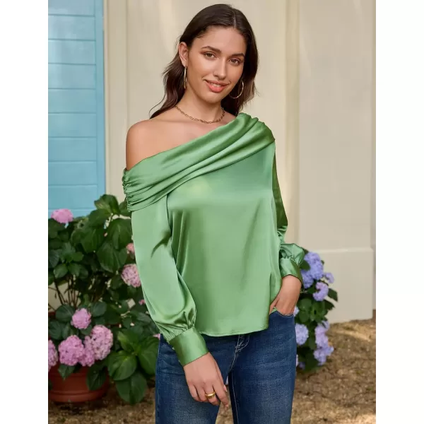 GRACE KARIN Women Satin Blouses 2024 Long Sleeve Off The Shoulder Blouse Elegant Evening Party TopsLight Green