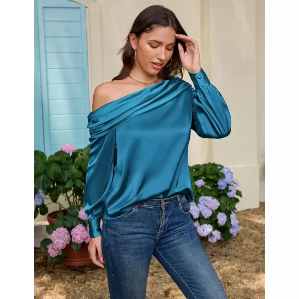 GRACE KARIN Women Satin Blouses 2024 Long Sleeve Off The Shoulder Blouse Elegant Evening Party TopsPeacock Blue