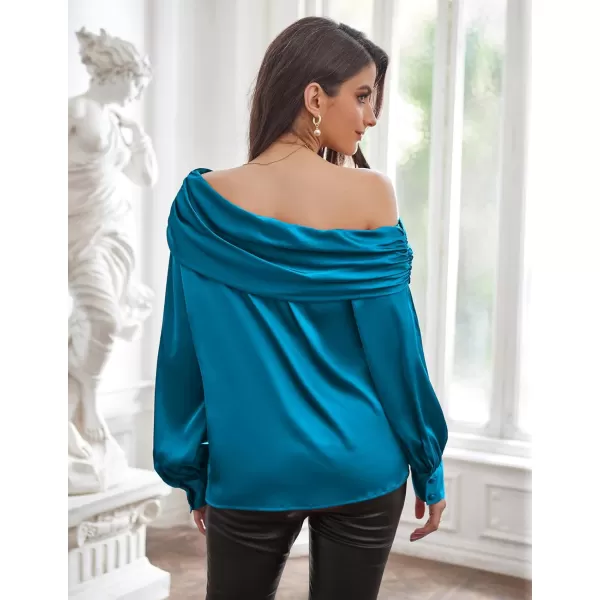 GRACE KARIN Women Satin Blouses 2024 Long Sleeve Off The Shoulder Blouse Elegant Evening Party TopsPeacock Blue