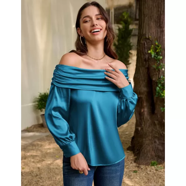 GRACE KARIN Women Satin Blouses 2024 Long Sleeve Off The Shoulder Blouse Elegant Evening Party TopsPeacock Blue