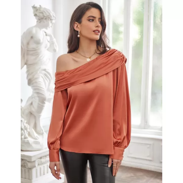 GRACE KARIN Women Satin Blouses 2024 Long Sleeve Off The Shoulder Blouse Elegant Evening Party TopsRust