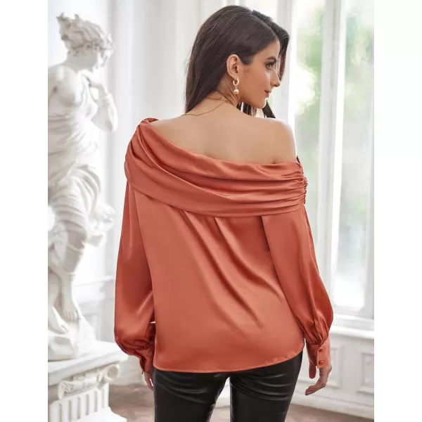 GRACE KARIN Women Satin Blouses 2024 Long Sleeve Off The Shoulder Blouse Elegant Evening Party TopsRust