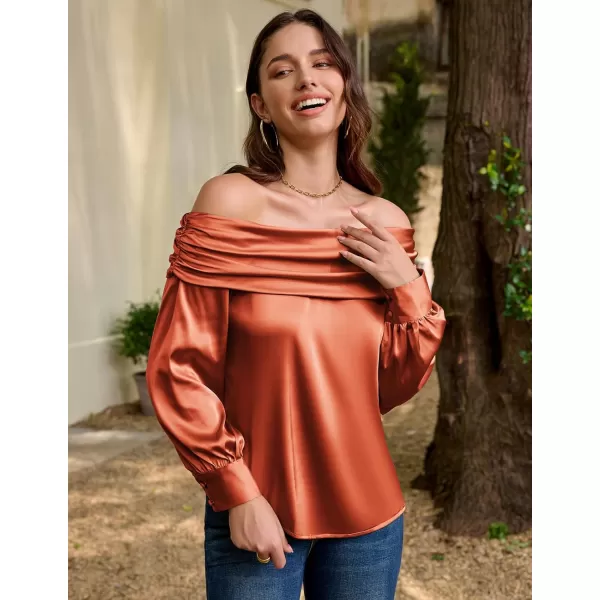 GRACE KARIN Women Satin Blouses 2024 Long Sleeve Off The Shoulder Blouse Elegant Evening Party TopsRust