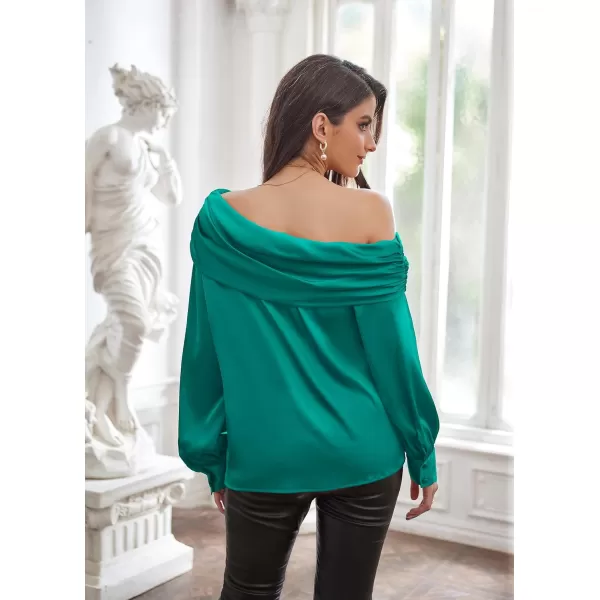 GRACE KARIN Women Satin Tops 2023 Long Sleeve Off The Shoulder Blouse Elegant Evening Party TopsBlue Green