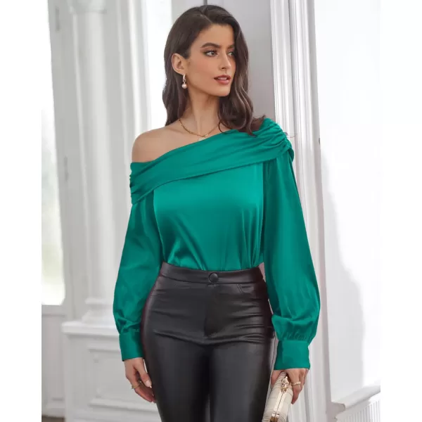 GRACE KARIN Women Satin Tops 2023 Long Sleeve Off The Shoulder Blouse Elegant Evening Party TopsBlue Green