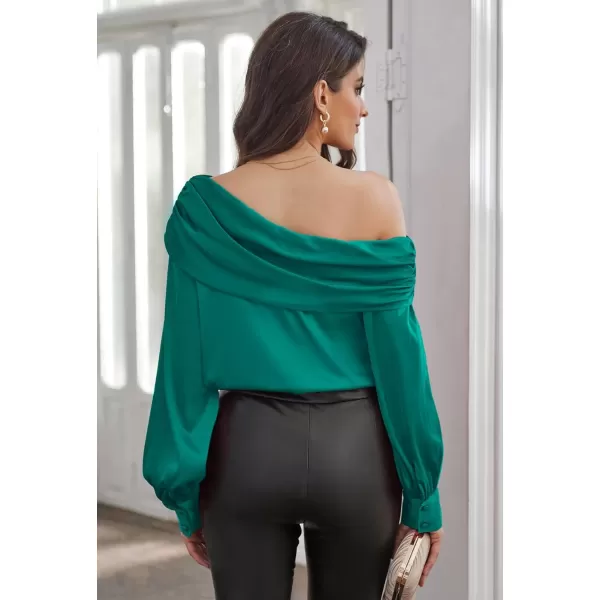 GRACE KARIN Women Satin Tops 2023 Long Sleeve Off The Shoulder Blouse Elegant Evening Party TopsBlue Green