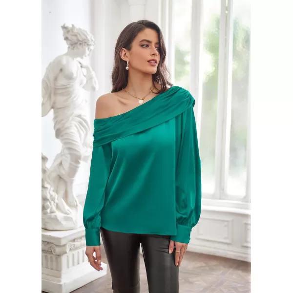 GRACE KARIN Women Satin Tops 2023 Long Sleeve Off The Shoulder Blouse Elegant Evening Party TopsBlue Green