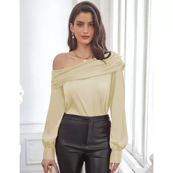 GRACE KARIN Women Satin Tops 2023 Long Sleeve Off The Shoulder Blouse Elegant Evening Party TopsChampagne