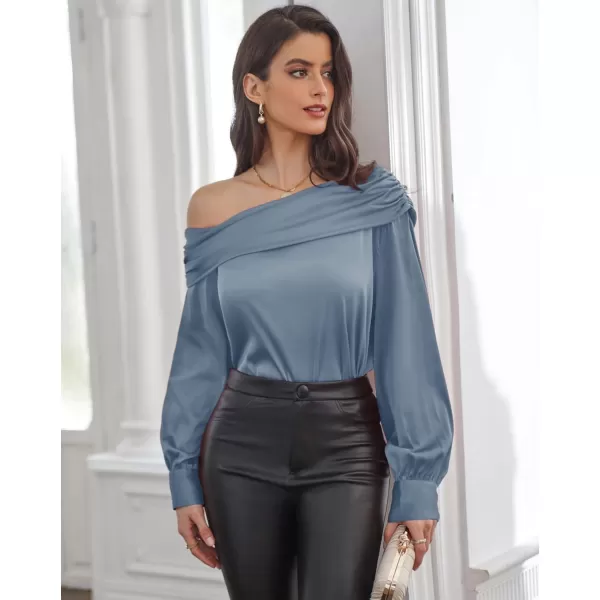 GRACE KARIN Women Satin Tops 2023 Long Sleeve Off The Shoulder Blouse Elegant Evening Party TopsGray Blue