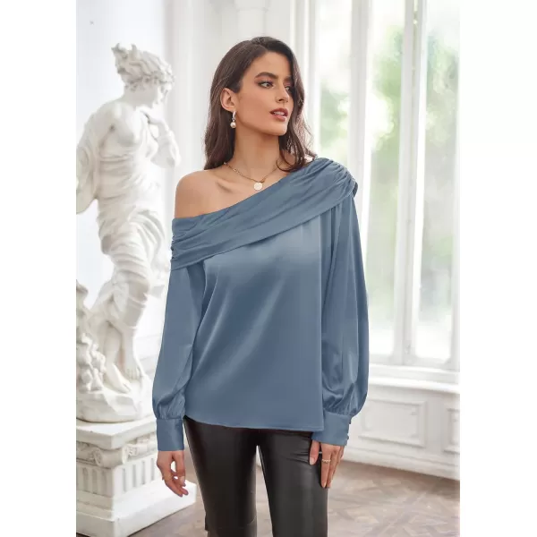 GRACE KARIN Women Satin Tops 2023 Long Sleeve Off The Shoulder Blouse Elegant Evening Party TopsGray Blue