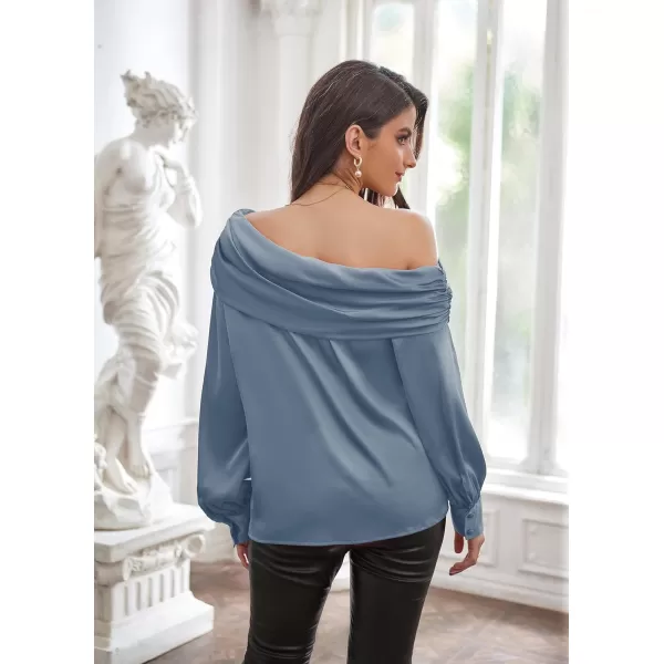 GRACE KARIN Women Satin Tops 2023 Long Sleeve Off The Shoulder Blouse Elegant Evening Party TopsGray Blue