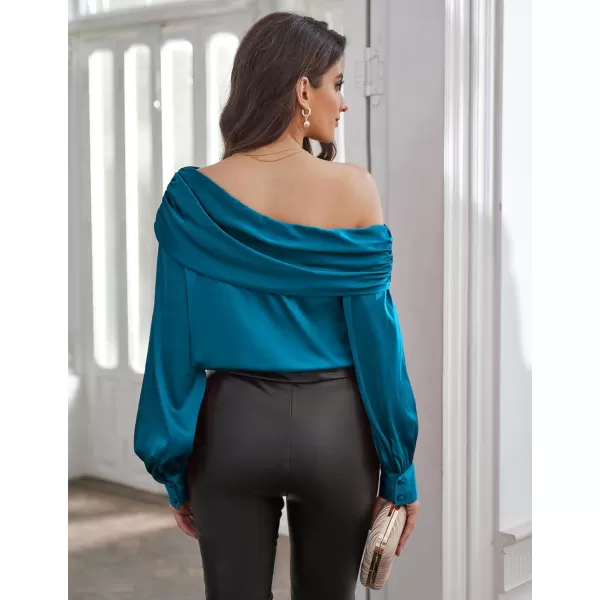 GRACE KARIN Women Satin Tops 2023 Long Sleeve Off The Shoulder Blouse Elegant Evening Party TopsPeacock Blue