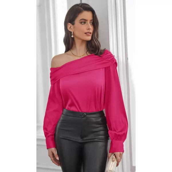 GRACE KARIN Women Satin Tops 2023 Long Sleeve Off The Shoulder Blouse Elegant Evening Party TopsPink