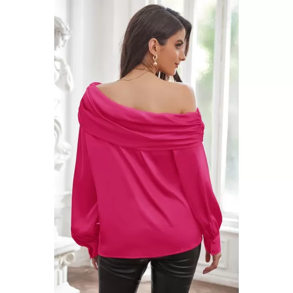 GRACE KARIN Women Satin Tops 2023 Long Sleeve Off The Shoulder Blouse Elegant Evening Party TopsPink