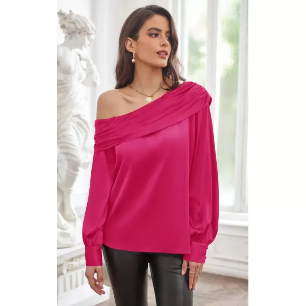 GRACE KARIN Women Satin Tops 2023 Long Sleeve Off The Shoulder Blouse Elegant Evening Party TopsPink