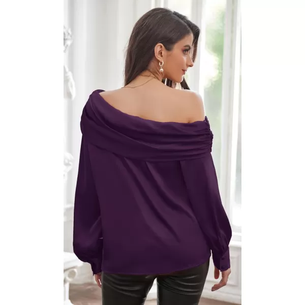 GRACE KARIN Women Satin Tops 2023 Long Sleeve Off The Shoulder Blouse Elegant Evening Party TopsPurple