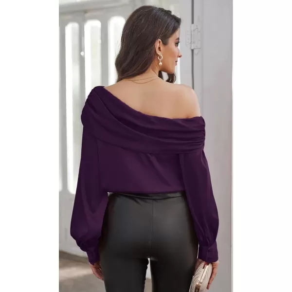 GRACE KARIN Women Satin Tops 2023 Long Sleeve Off The Shoulder Blouse Elegant Evening Party TopsPurple