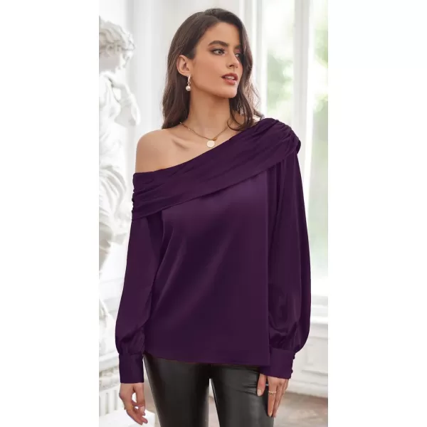 GRACE KARIN Women Satin Tops 2023 Long Sleeve Off The Shoulder Blouse Elegant Evening Party TopsPurple