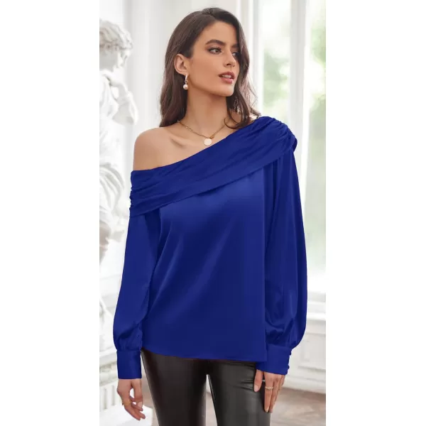 GRACE KARIN Women Satin Tops 2023 Long Sleeve Off The Shoulder Blouse Elegant Evening Party TopsRoyal Blue