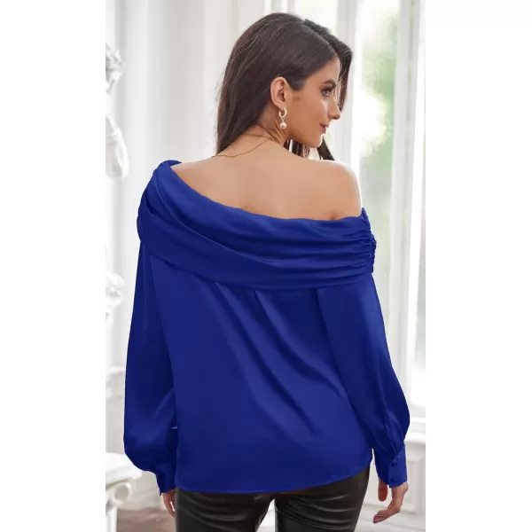 GRACE KARIN Women Satin Tops 2023 Long Sleeve Off The Shoulder Blouse Elegant Evening Party TopsRoyal Blue