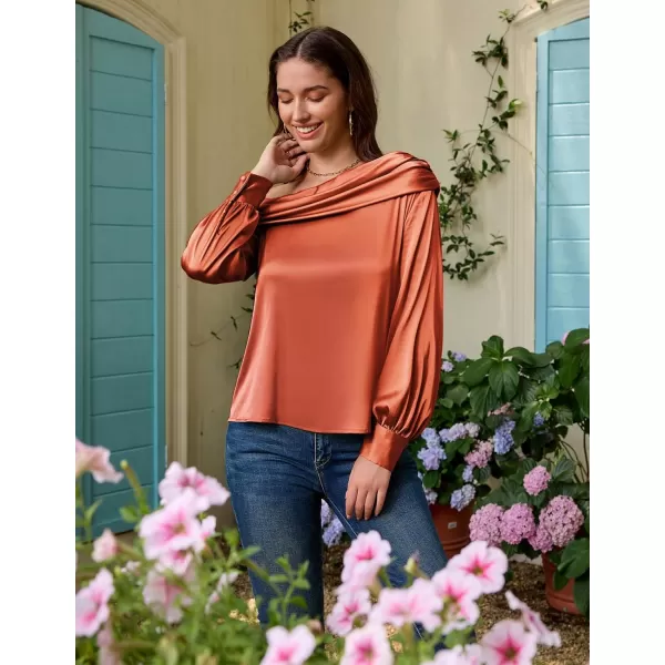 GRACE KARIN Women Satin Tops 2023 Long Sleeve Off The Shoulder Blouse Elegant Evening Party TopsRust