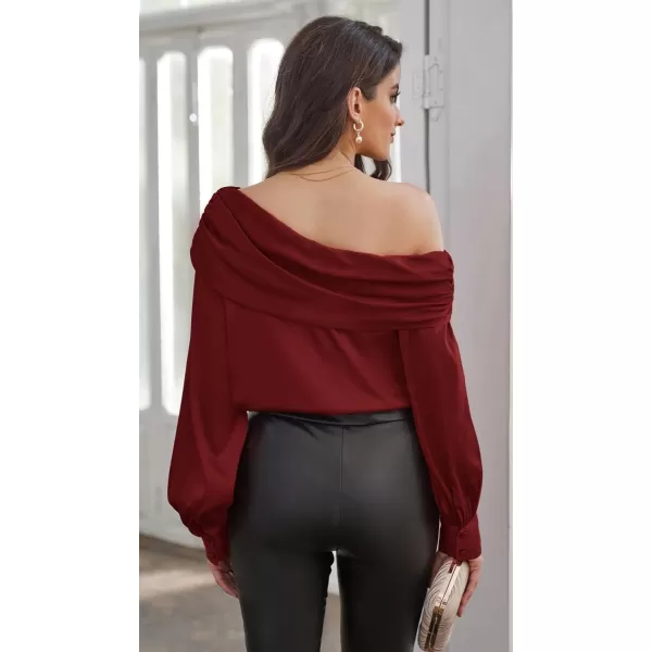 GRACE KARIN Women Satin Tops 2023 Long Sleeve Off The Shoulder Blouse Elegant Evening Party TopsWine Red