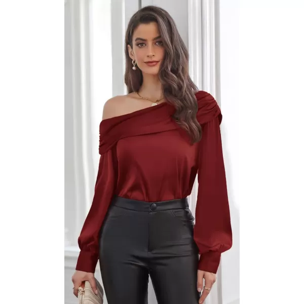 GRACE KARIN Women Satin Tops 2023 Long Sleeve Off The Shoulder Blouse Elegant Evening Party TopsWine Red