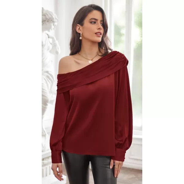 GRACE KARIN Women Satin Tops 2023 Long Sleeve Off The Shoulder Blouse Elegant Evening Party TopsWine Red