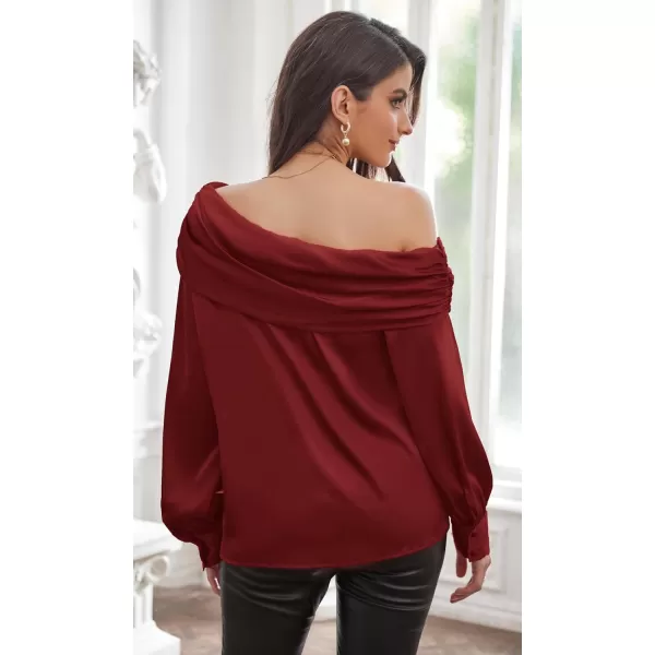 GRACE KARIN Women Satin Tops 2023 Long Sleeve Off The Shoulder Blouse Elegant Evening Party TopsWine Red