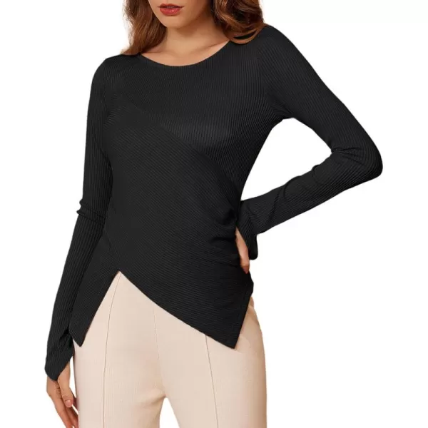 GRACE KARIN 2024 Womens Elegant Asymmetric Textured Tops Long Sleeve Boat Neck Shirts BlouseBlack