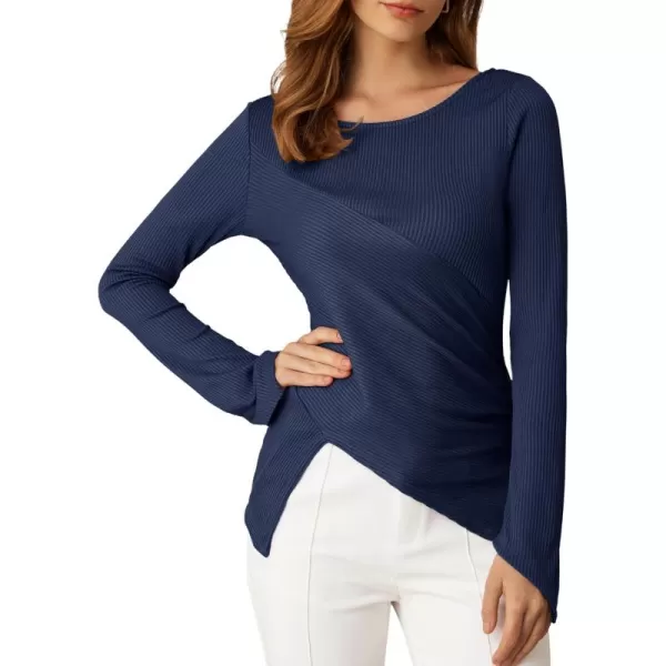 GRACE KARIN 2024 Womens Elegant Asymmetric Textured Tops Long Sleeve Boat Neck Shirts BlouseDark Blue