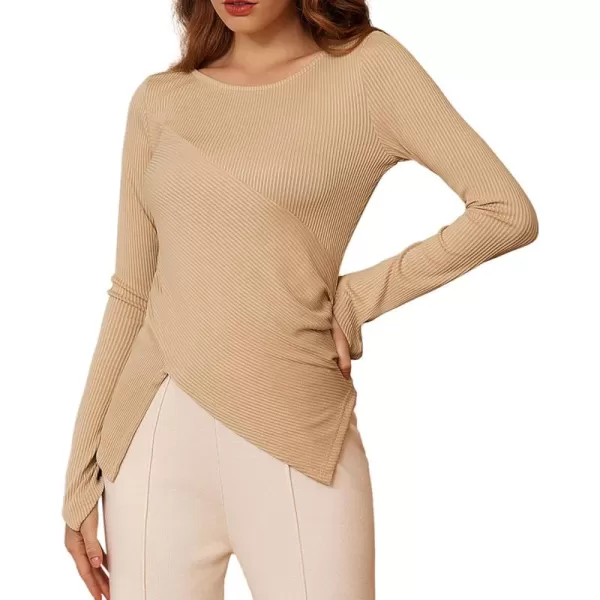 GRACE KARIN 2024 Womens Elegant Asymmetric Textured Tops Long Sleeve Boat Neck Shirts BlouseKhaki