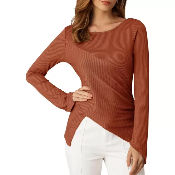 GRACE KARIN 2024 Womens Elegant Asymmetric Textured Tops Long Sleeve Boat Neck Shirts BlouseRust Red