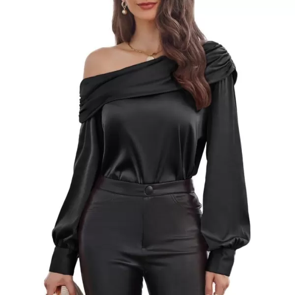 GRACE KARIN Women Satin Blouses 2024 Long Sleeve Off The Shoulder Blouse Elegant Evening Party TopsAa Black